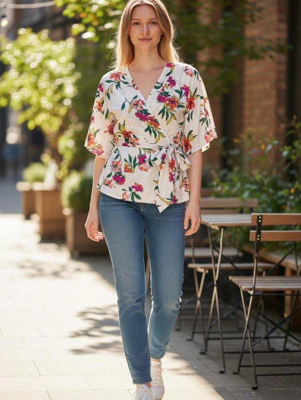 Worthington Lightweight Floral Print Wrap Blouse with Tie Waist Small White